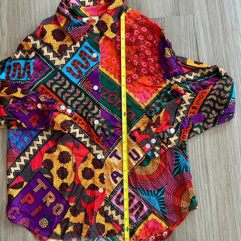 Farm Rio Dotted Patch Scarf Shirt Multicolor Tropical Button Down Blouse Size M - Picture 12 of 13